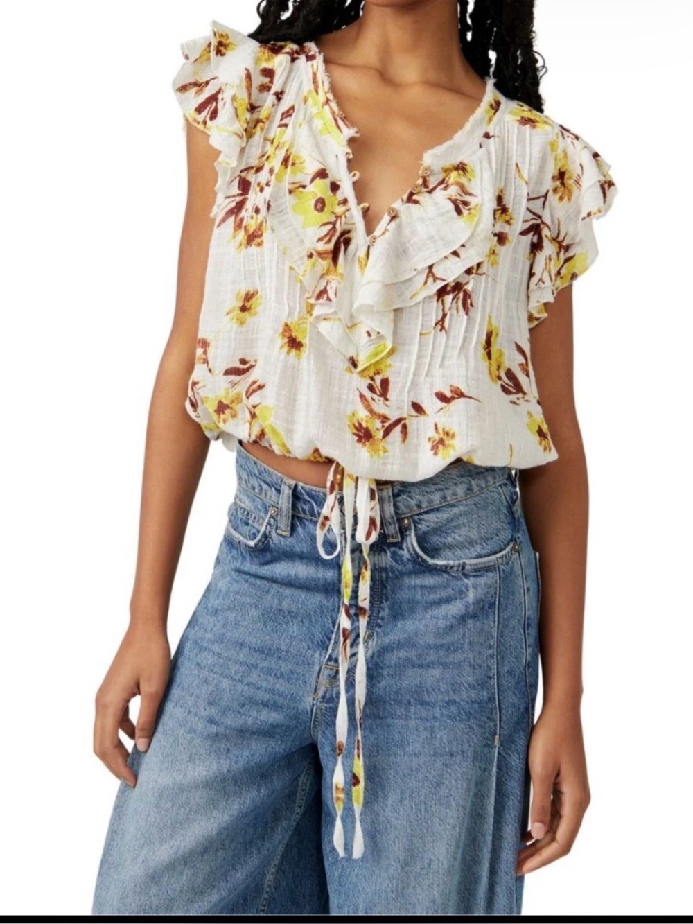Free people one naya yellow floral printed ruffle top - S